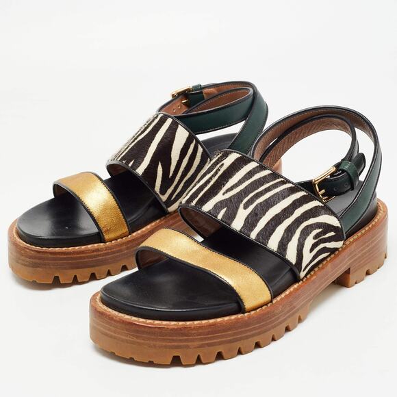 Marni Multicolor Leather and Calf Hair Slingback Sandals Black/Gold/White - 9